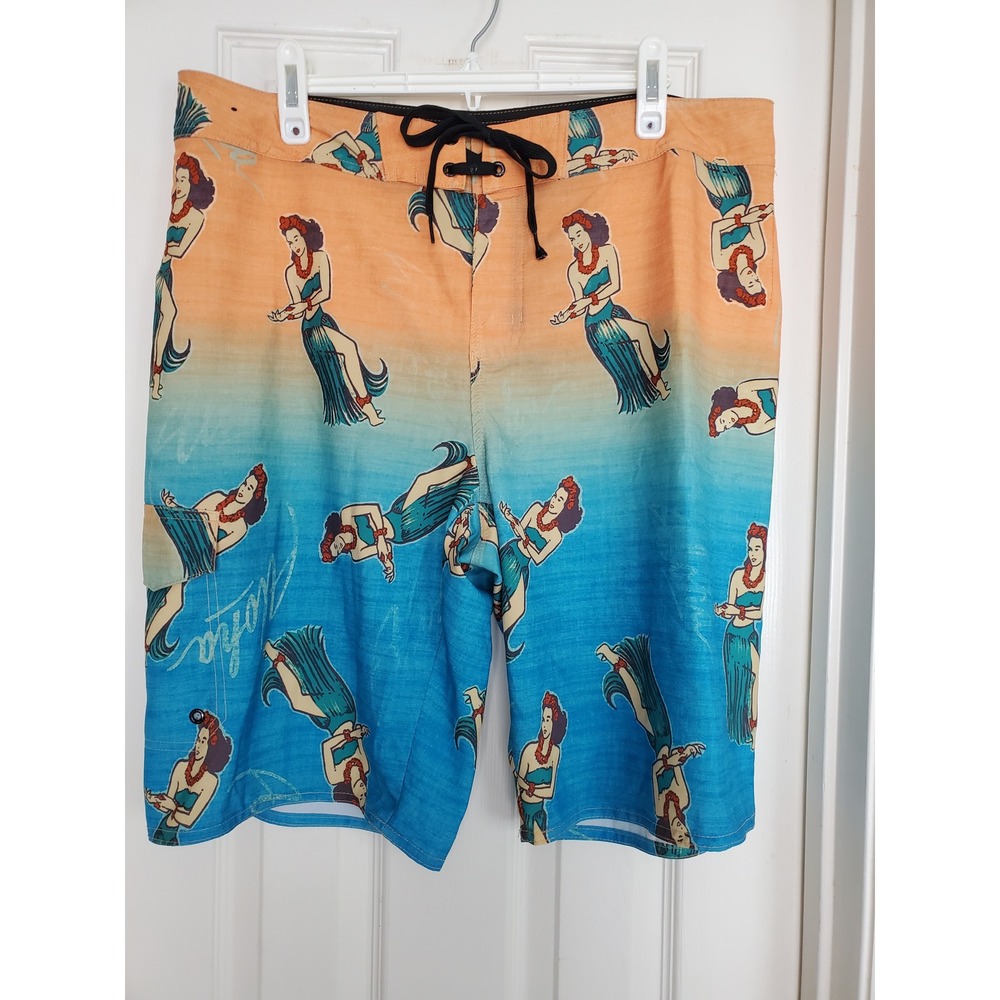 Hang Ten Board Shorts Blue Orange Hula Girl Aloha Swim Trunks Surf Beach 36